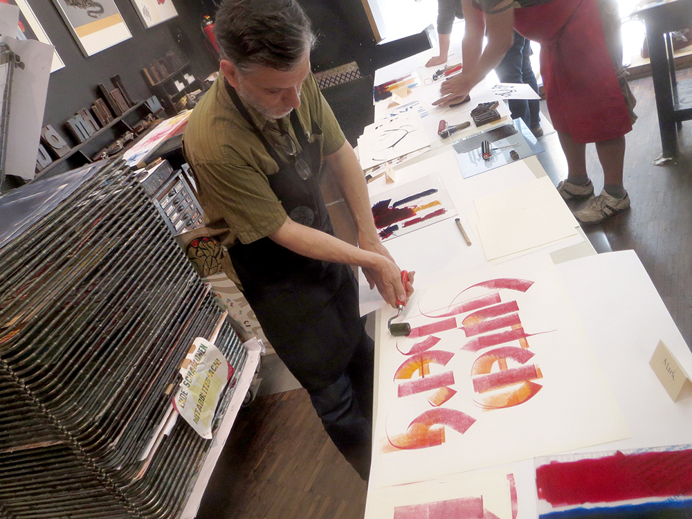 Mark Simonson doing roller calligraphy at the Gutenberg Museum in Mainz, Germany, spring 2013.